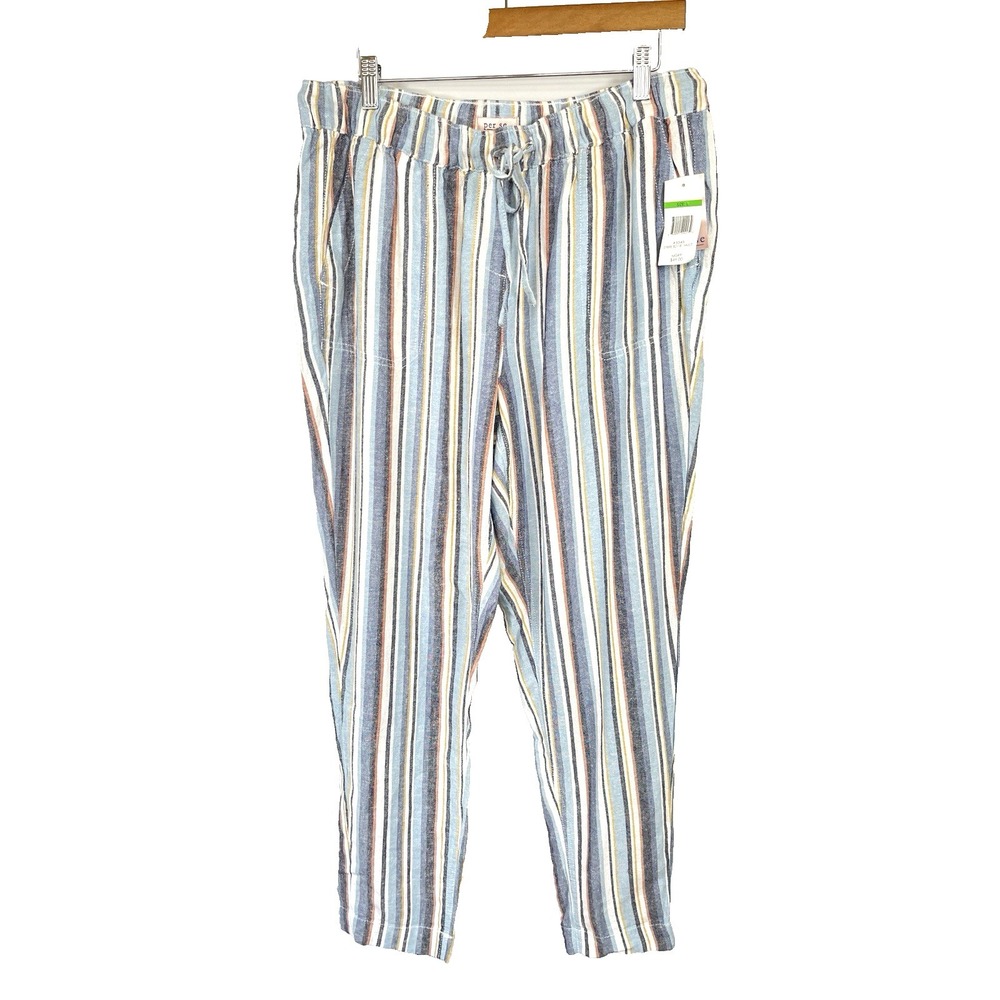 New Per Se Womens Striped Linen Blend Pants L Pockets Coastal Resort Nautical